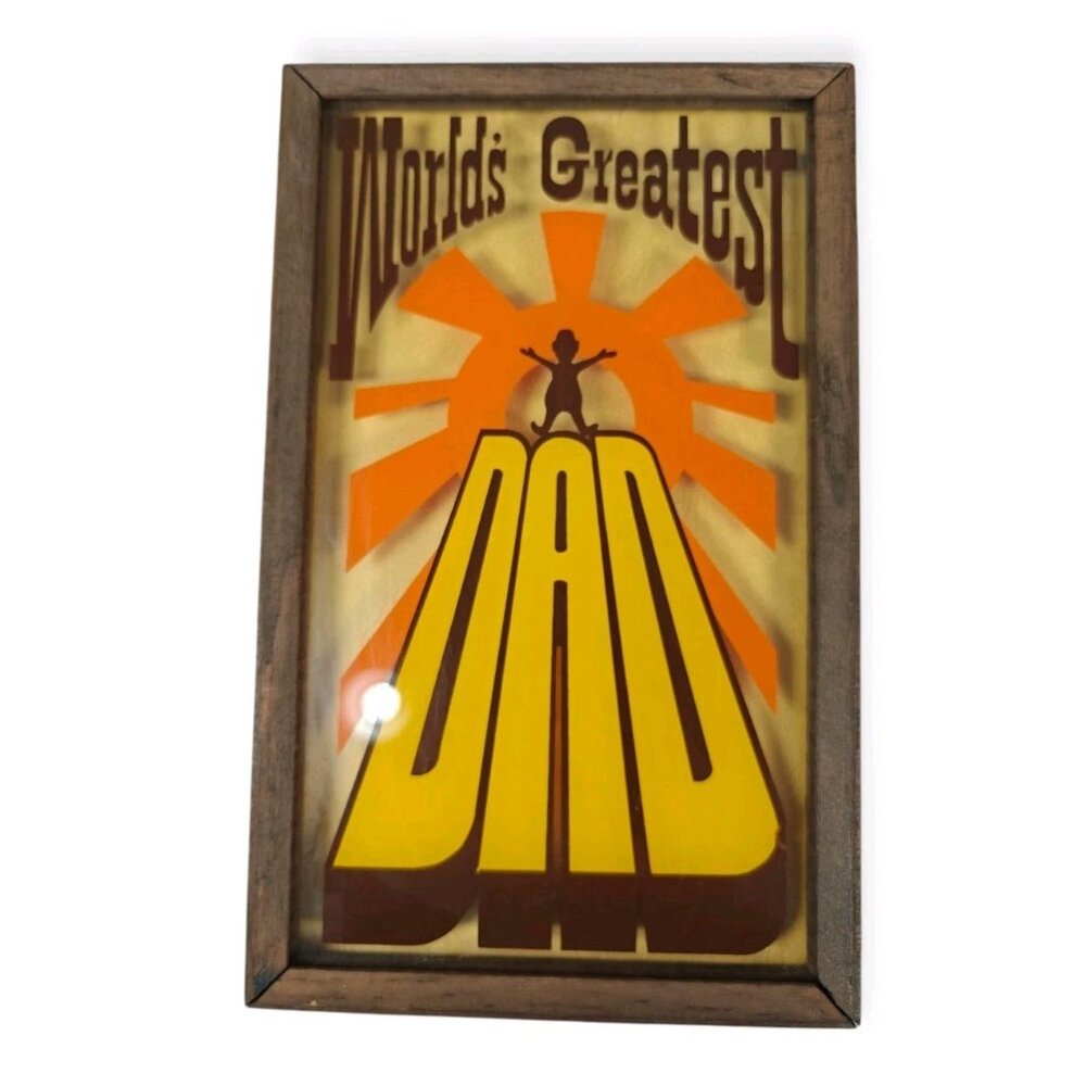 Vintage World’s Greatest Dad Glass Sign Plaque Wood Framed 1970s